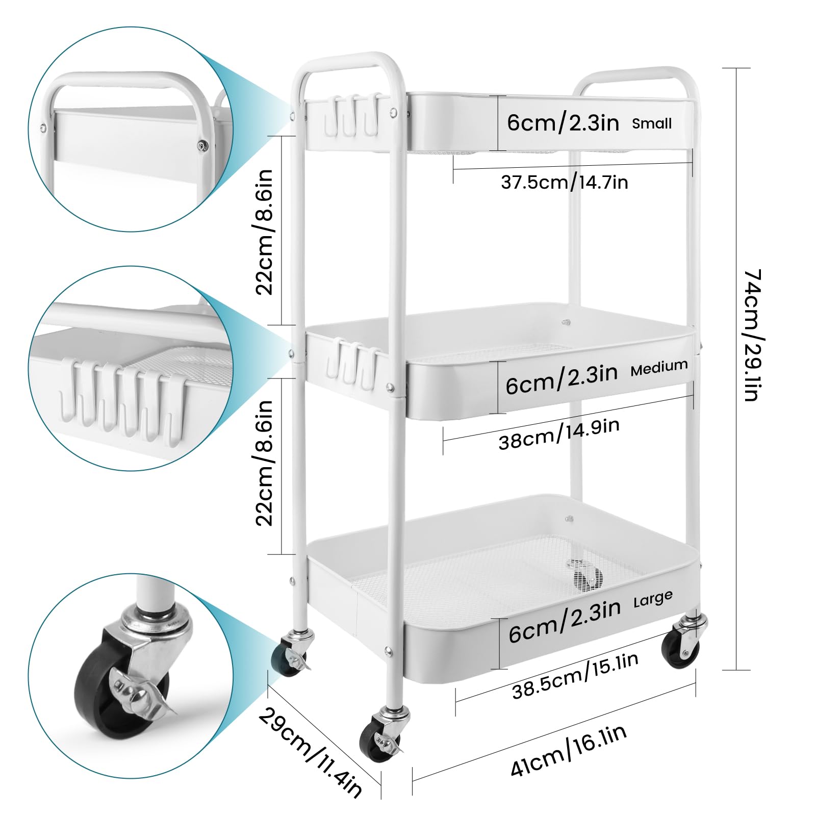 Viuxule Storage Cart, 3 Tier Metal Trolley Cart with Wheels, White Rolling Utility Cart for Kitchen, Bathroom, Office, Bedroom