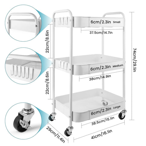 Viuxule Storage Cart, 3 Tier Metal Trolley Cart with Wheels, White Rolling Utility Cart for Kitchen, Bathroom, Office, Bedroom