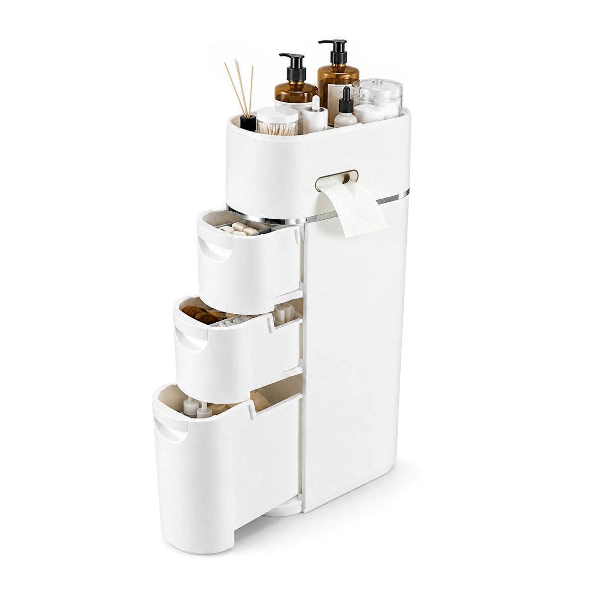 Slim Bathroom Storage Cabinet 4 Tier, Narrow Floor Standing Storage Unit with 3 Drawers & Toilet Paper Holder