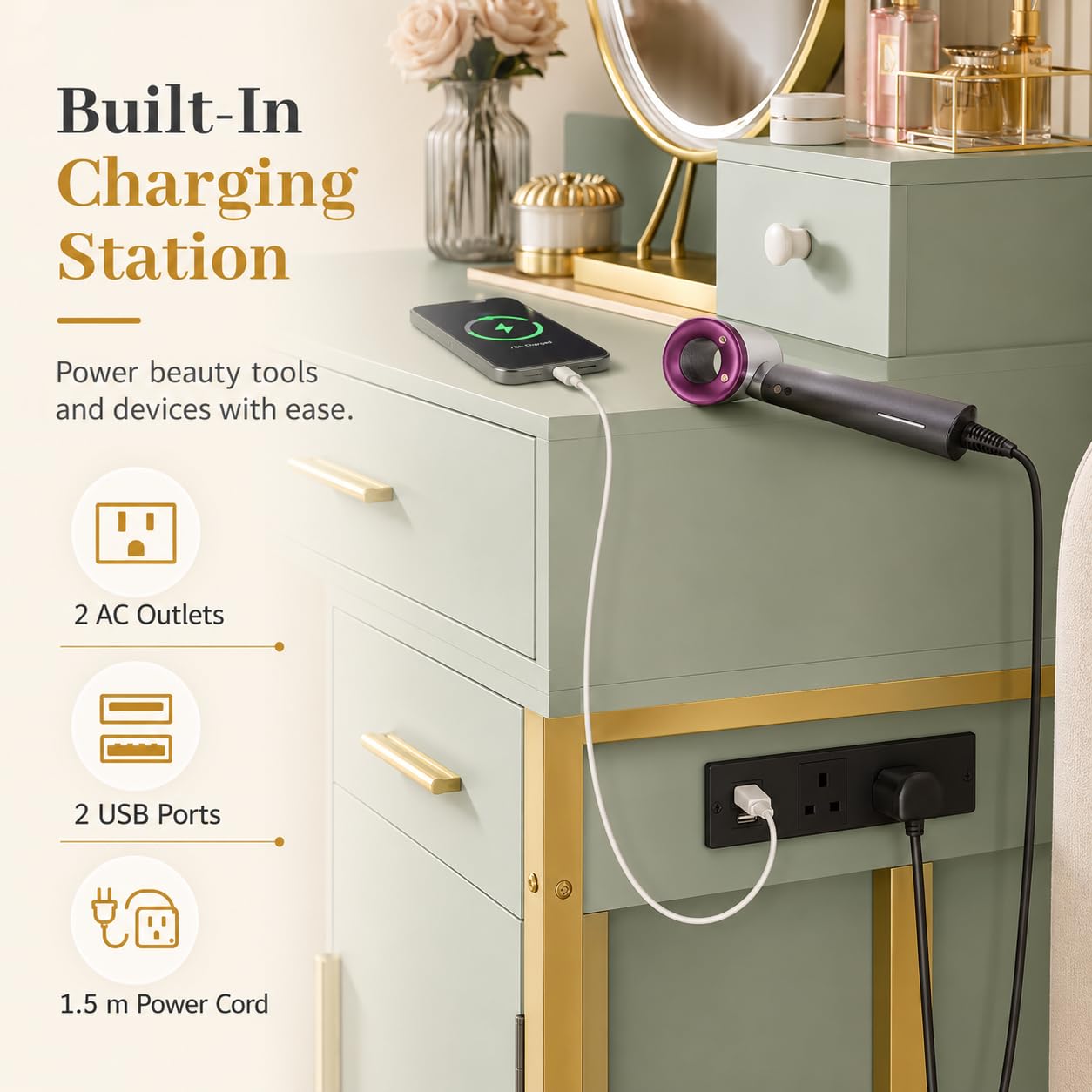 iSunirm Dressing Table Vanity Desk with 4 Storage Drawers - Modern Makeup Desk with Charging Station