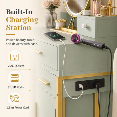 iSunirm Dressing Table Vanity Desk with 4 Storage Drawers - Modern Makeup Desk with Charging Station