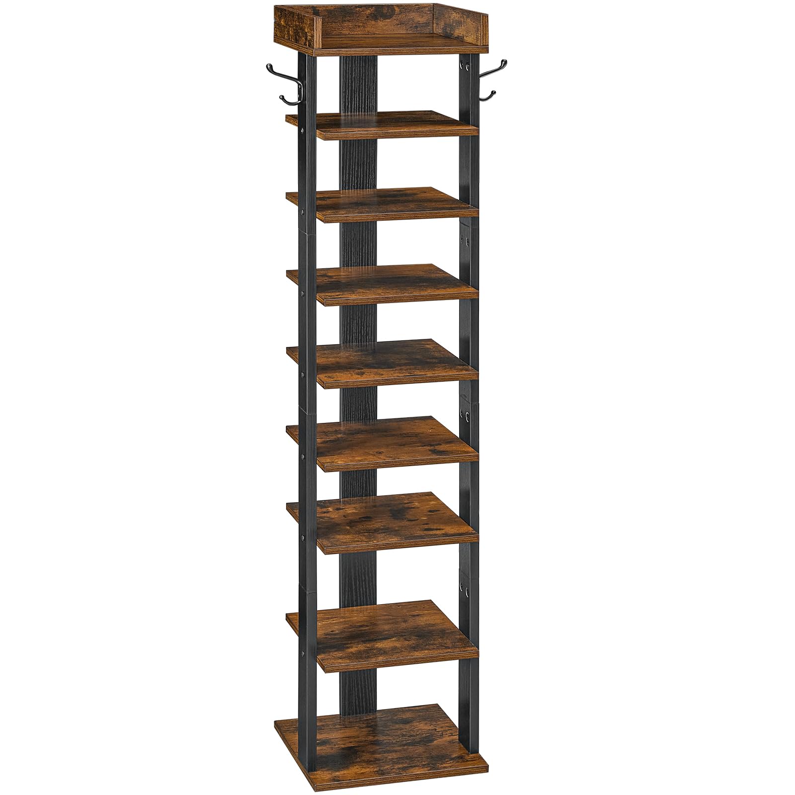 HOOBRO Narrow Shoe Rack, 9-Tier Tall Shoe Rack, Wooden Shoe Storage Organizer with 2 Hooks, Slim Shelf, Vertical Shoe Tower for Entrance, Industrial
