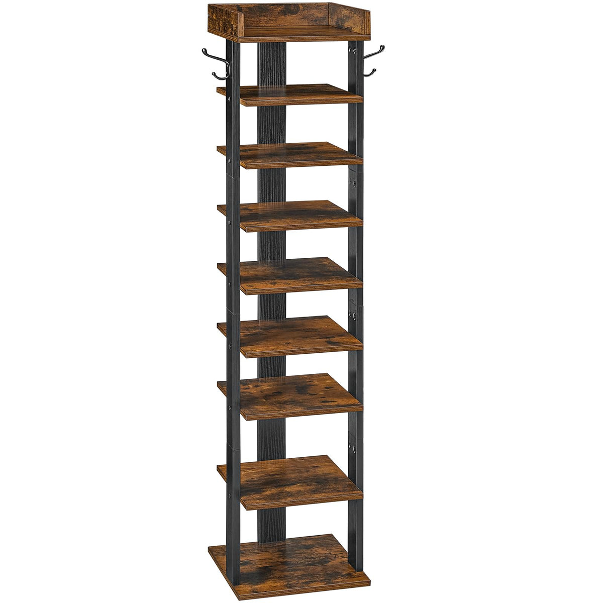 HOOBRO Narrow Shoe Rack, 9-Tier Tall Shoe Rack, Wooden Shoe Storage Organizer with 2 Hooks, Slim Shelf, Vertical Shoe Tower for Entrance, Industrial