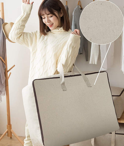 Pack of 2, Breathable Natural Cotton Canvas Soft Storage Bags with Handles & 3-side Zip