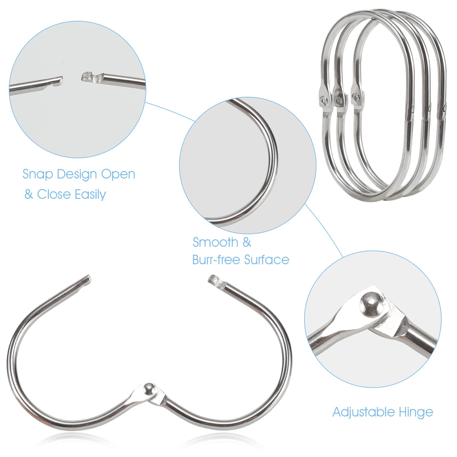 Goowin Shower Curtain Hooks, 12 Pcs Shower Curtain Rings Rust Proof Metal Oval Rings Clasp Closed Shower Curtain Rings for Bathroom Shower Rods