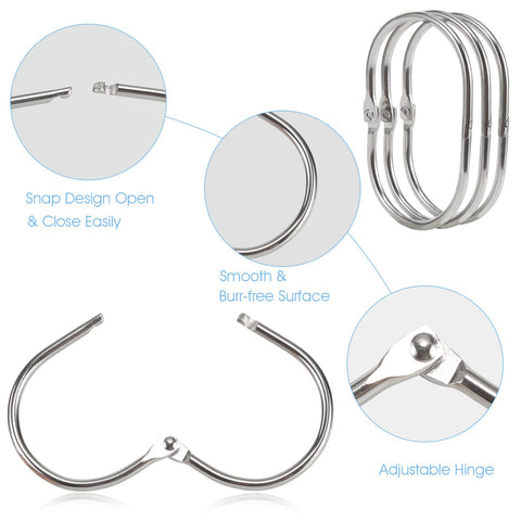 Goowin Shower Curtain Hooks, 12 Pcs Shower Curtain Rings Rust Proof Metal Oval Rings Clasp Closed Shower Curtain Rings for Bathroom Shower Rods
