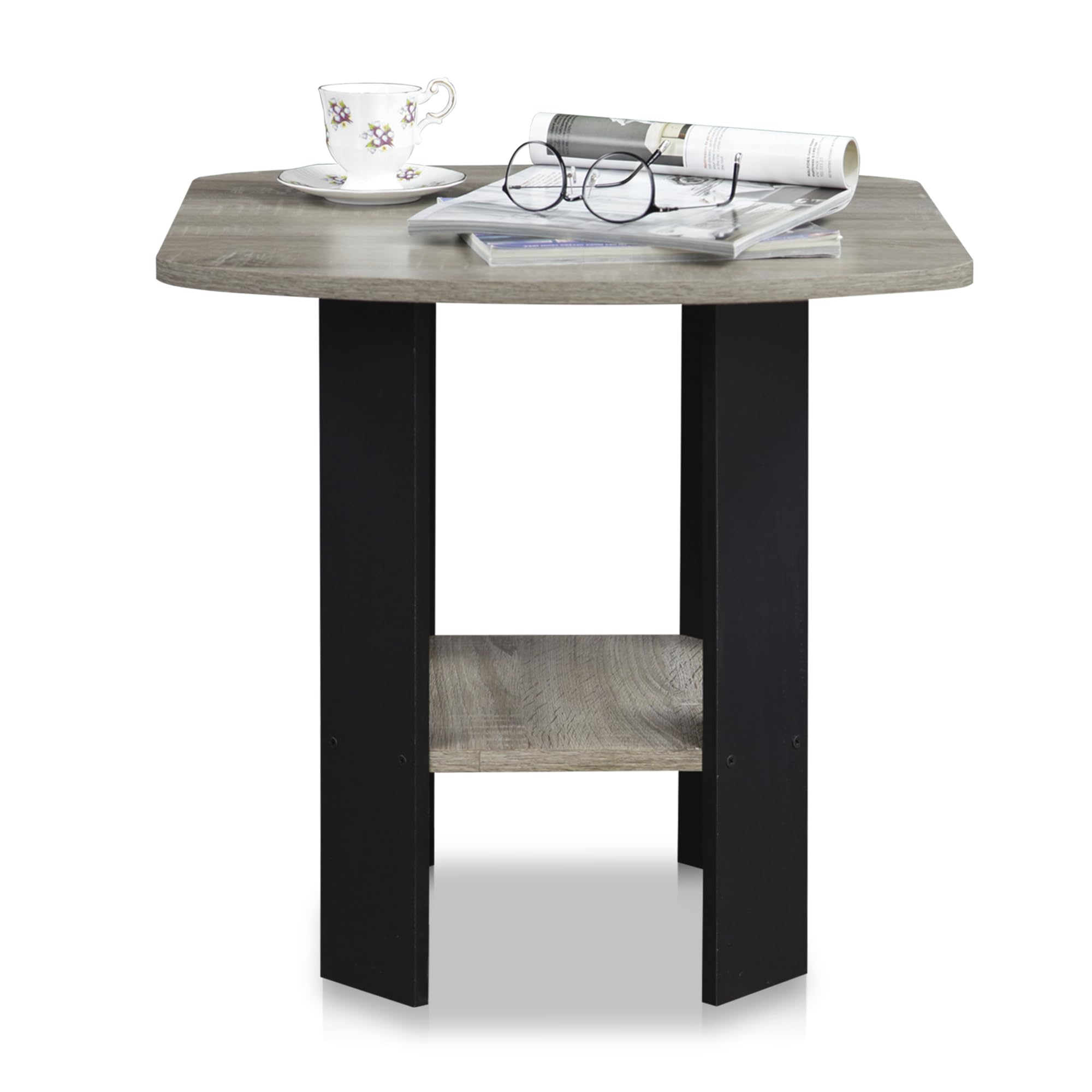 Furinno MODERN Grey Side Table, Round Corner End Table with 1-Tier Storage Shelf, Night Stand, Bedside Table, for Living Room, Bedroom, Grey Oak