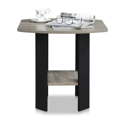 Furinno MODERN Grey Side Table, Round Corner End Table with 1-Tier Storage Shelf, Night Stand, Bedside Table, for Living Room, Bedroom, Grey Oak