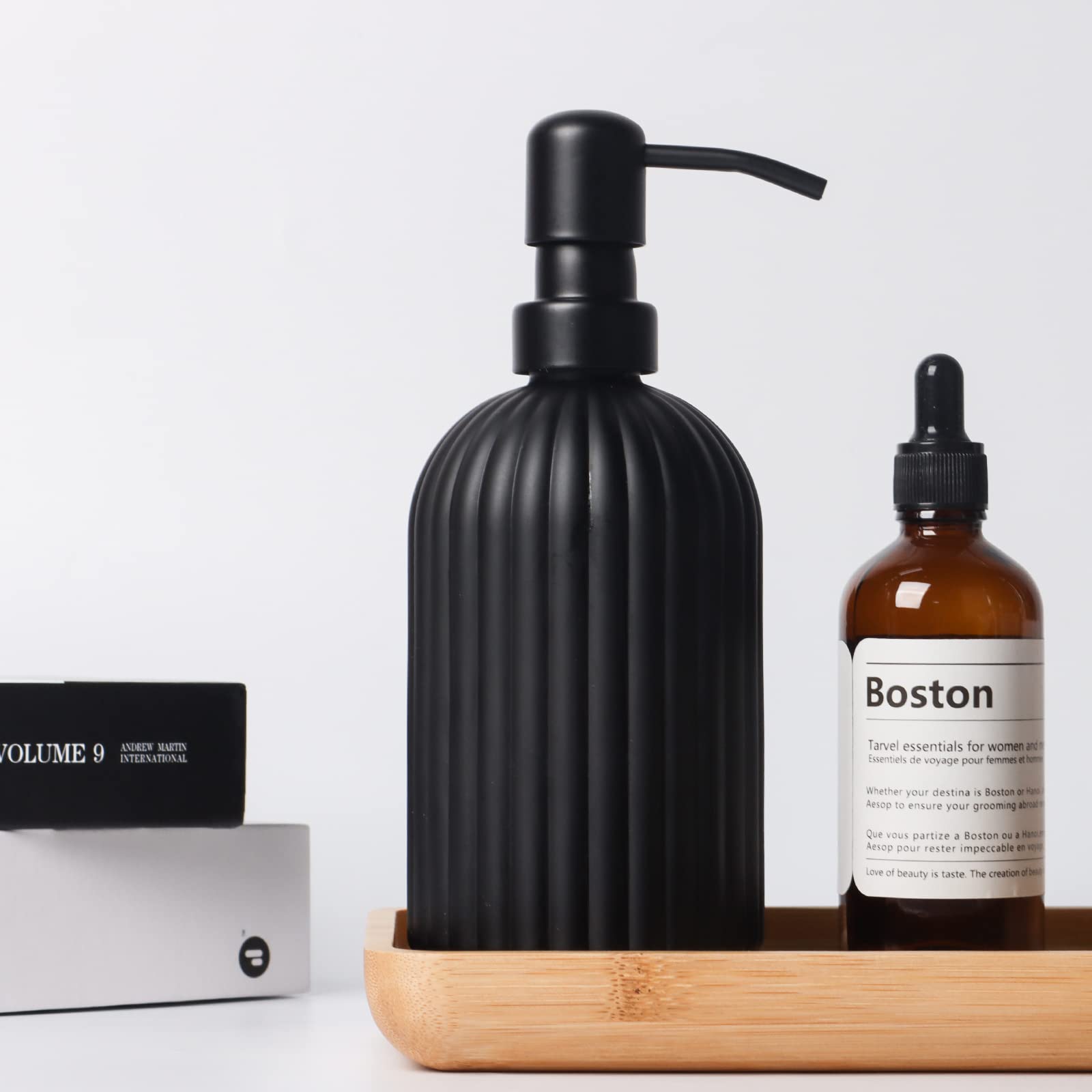Matte Black Ribbed Glass Soap Dispenser, 400ml Refillable Countertop Hand Soap Bottle with Rust‑Proof Pump, for Kitchen, Bathroom & Laundry Room