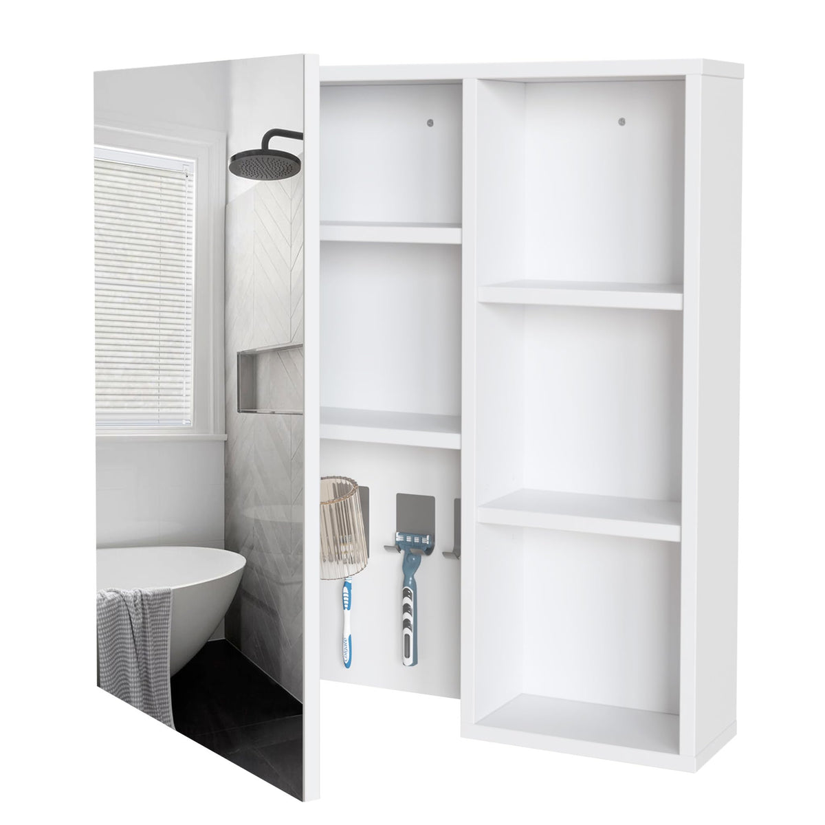 Mondeer Bathroom Mirror Cabinet, Wall Cabinet with Toothbrush Holder Cup Holder and Adjustable Shelves, Space Saving, Ventilation Design