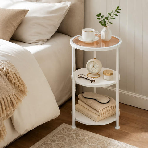 ZEXVIDA 3-Tier Round Side Table with Amber Tempered Glass Top,White & Amber