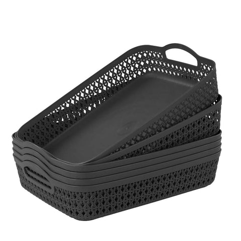 Zerdyne Set of 6 Large Plastic Storage Basket Tray, Gray Shallow Kitchen Storage Basket Tray with Handle