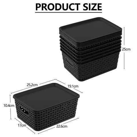 Wakikini Woven Plastic Storage Baskets with Lids, Small Weave Bins, Black