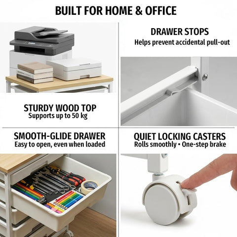 8 Drawer Rolling Storage Trolley with Wooden Worktop, Plastic Drawer Organiser Cart on Wheels with Lockable Silent Castors & Anti-Fall Latch