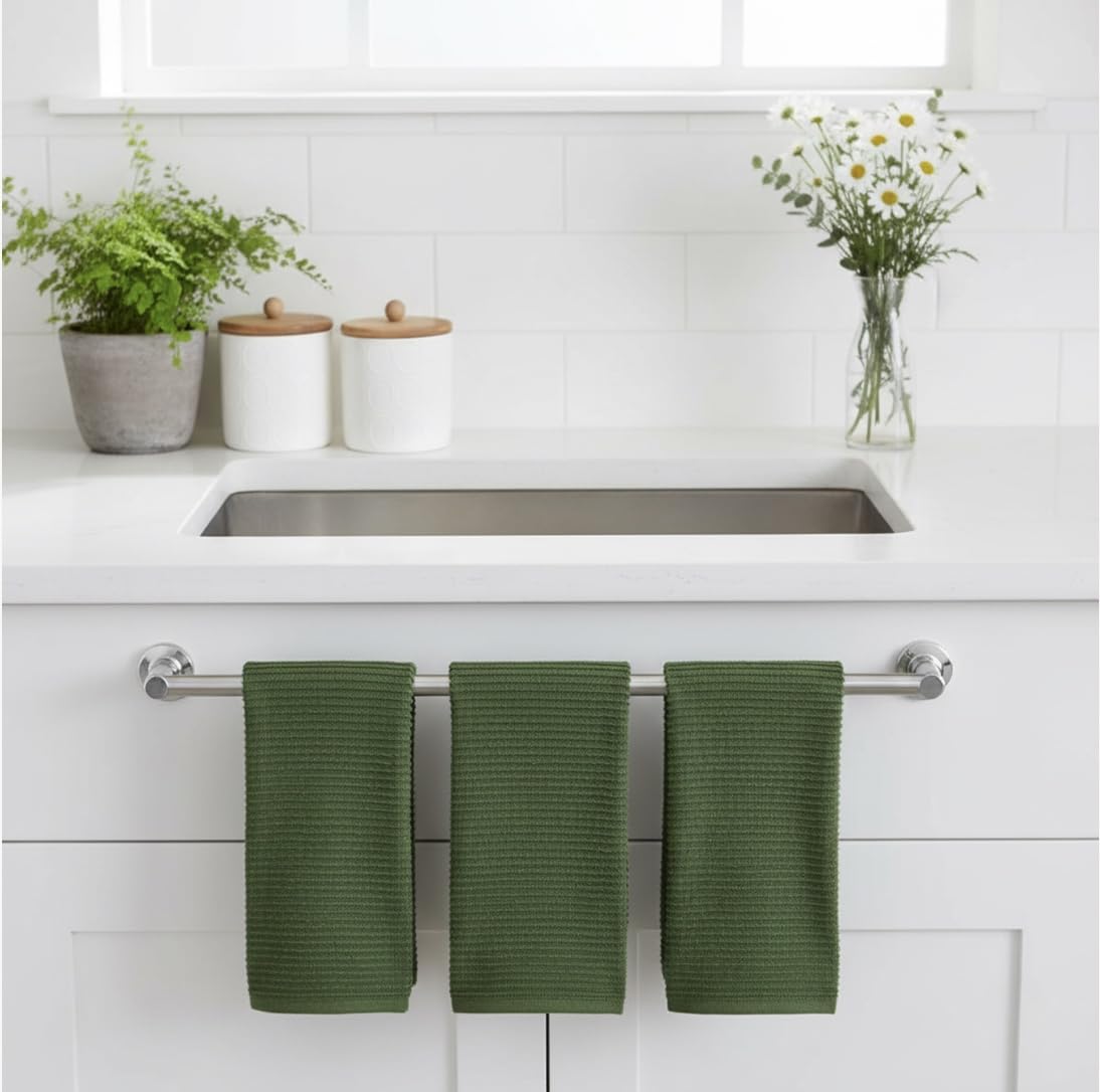 Avocado Forest Green Kitchen Hand Dish Towels: Oversized 28" x 18",100% Cotton Cloth Soft Cleaning Drying Absorbent Ribbed Design