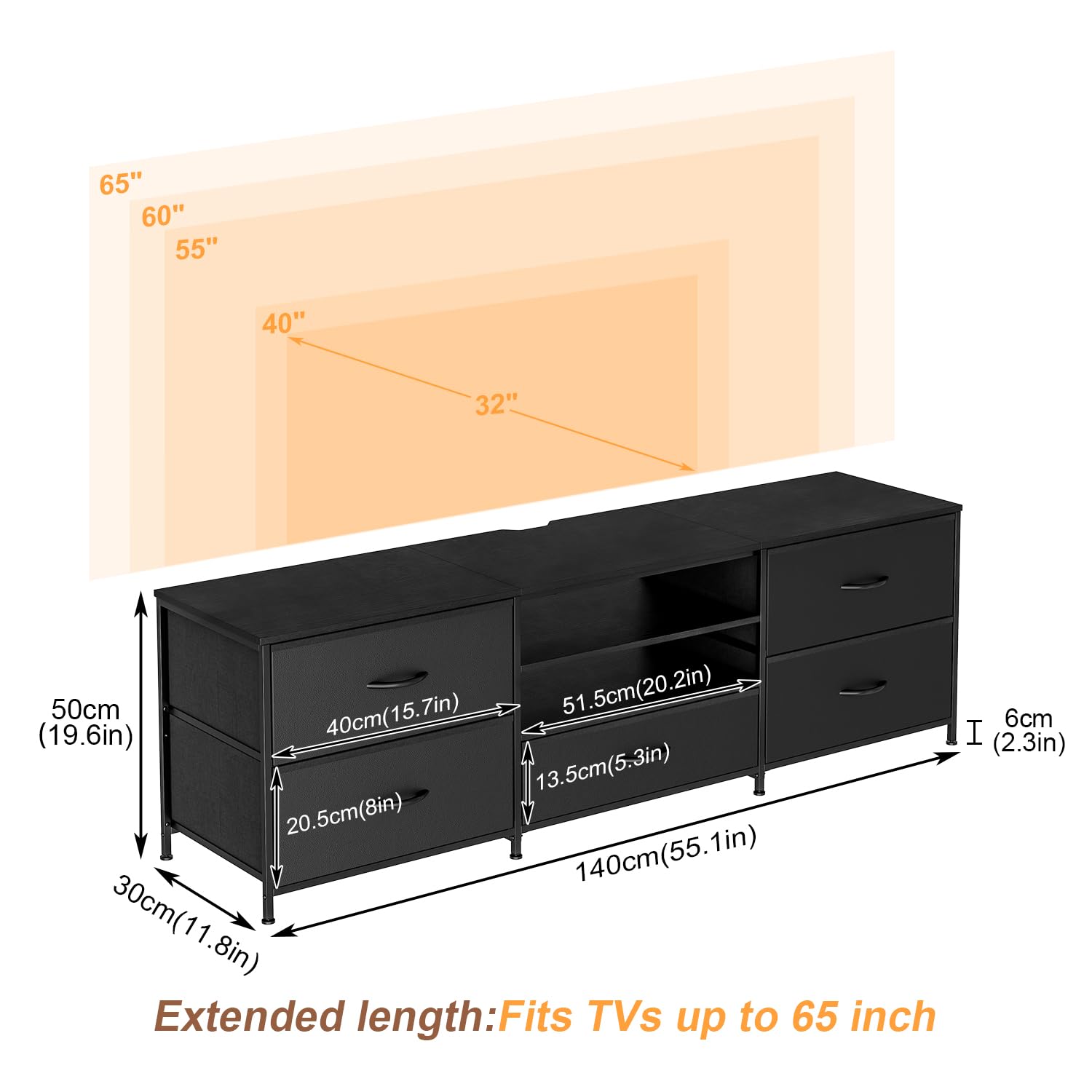 Forthcan TV Stand Cabinet, TV Unit with 5 Drawers, 140 cm, All Black