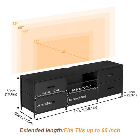 Forthcan TV Stand Cabinet, TV Unit with 5 Drawers, 140 cm, All Black