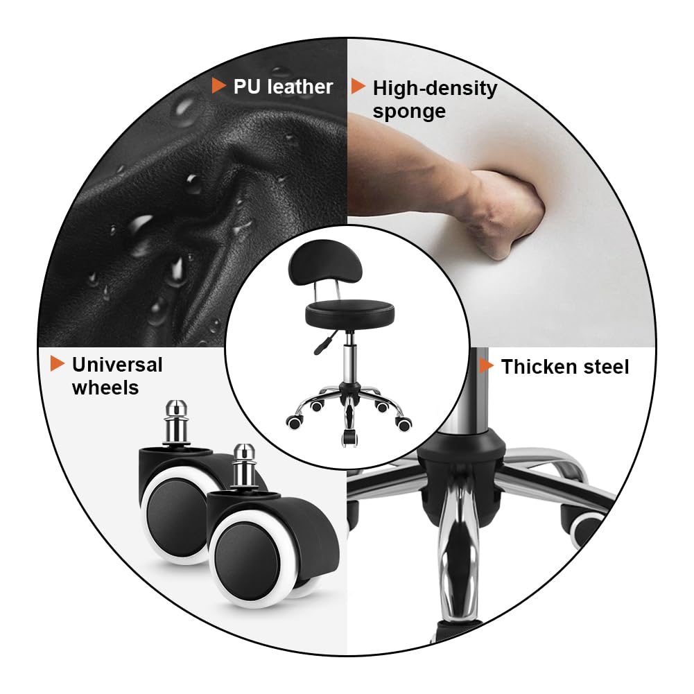 KKTONER Rolling Stool with Mid Back Height Adjustable Chair PU Leather Swivel Chair with Wheels for Office Home Task Drafting (Black)