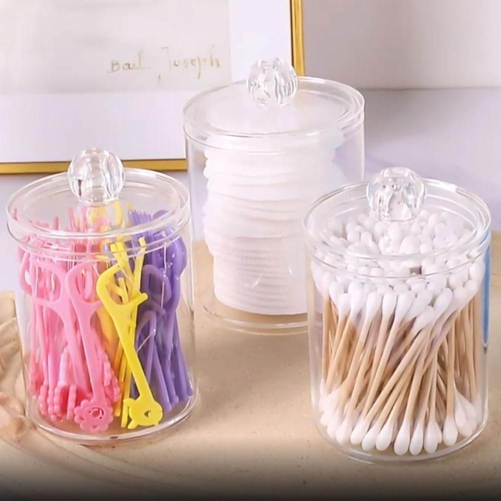 Tharvolex Clear Plastic Cotton Bud Holder 10 Oz Bathroom Jars with Lids - 4 Pack for Cotton Pads and Balls
