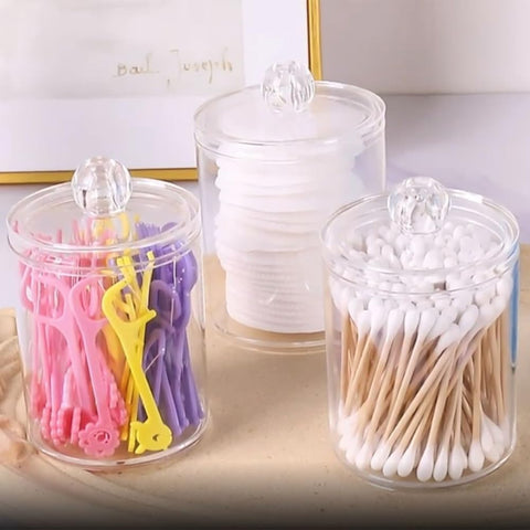 Tharvolex Clear Plastic Cotton Bud Holder 10 Oz Bathroom Jars with Lids - 4 Pack for Cotton Pads and Balls