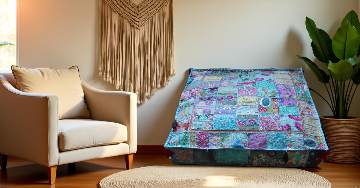 CRAFT KALA Indian Square Patchwork Traditional Pouf Cover Indian Living Room Poufs Decorative Embroidered Designer Ottoman Home Living Footstool