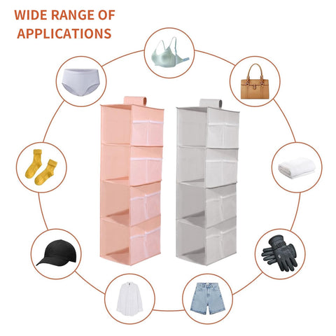 DQZSY Pack of 2 Hanging Shelves Wardrobe, 4 Compartments Hanging Organiser Cupboard, with 12 Mesh Side Pockets for Family Cupboard, Bedroom