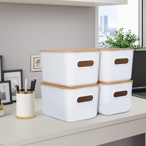 MaxEarn 4Pcs 7L Plastic Storage Boxes with Wood Lids & Handle, 26x18x15cm
