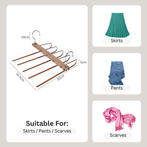 Elvora 5-Tier Beechwood Trouser Hangers – Space Saving Multi-Layer Pants Hanger for Trousers, Jeans, Skirts & Scarves