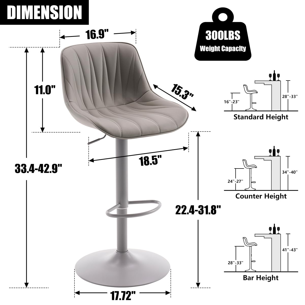 YOUNIKE Bar Stools Set of 2, Modern Upholstered Faux Leather Barstools with Back, Swivel Tall Adjustable Counter Height Bar Chairs, Entirely Gray
