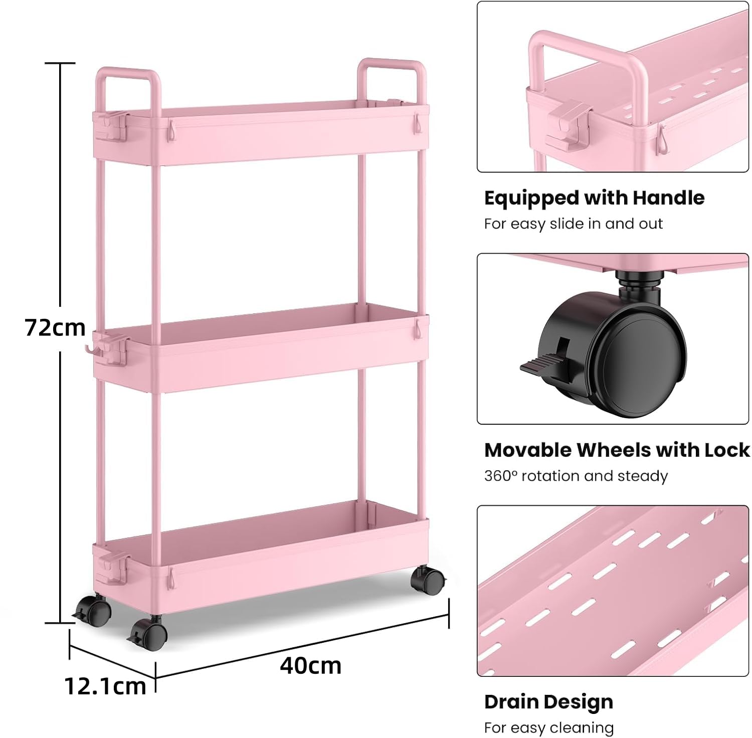 SOLEJAZZ 3-Tier Storage Trolley Cart Slide-out Slim Rolling Utility Cart Mobile Storage Shelving Organizer for Kitchen, Bathroom, Laundry Room