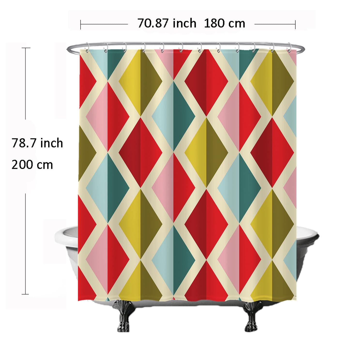 Ulticool Shower Curtain - Colourful Retro Vintage Diamond Figures - 180 x 200 cm - Washable - Anti Mould - with 12 Rings - Red Yellow Blue