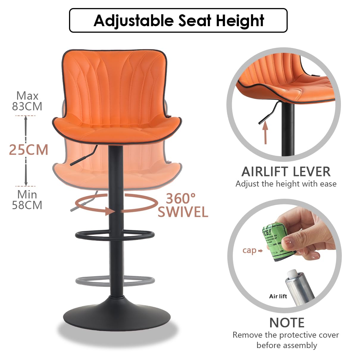 Kidol & Shellder Bar Stools Set of 2 Swivel Breakfast Barstools, Orange