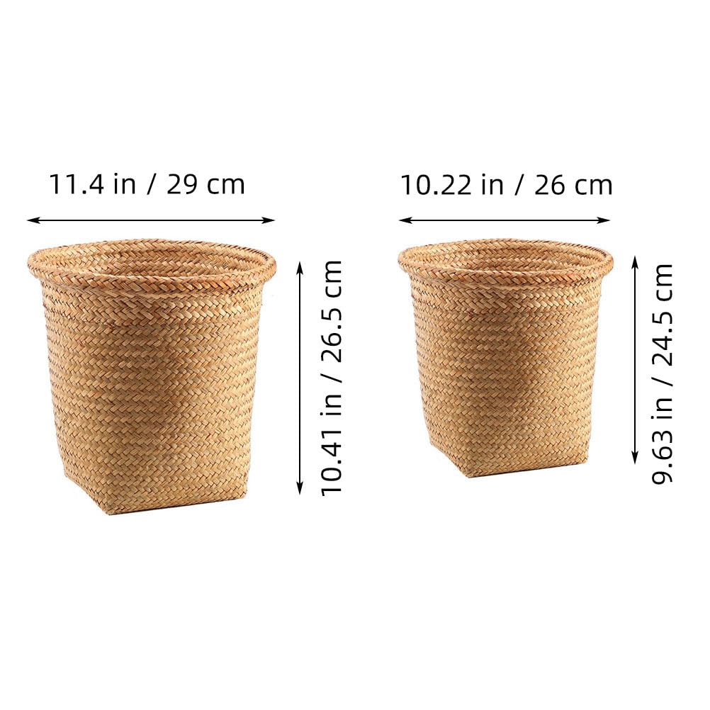 SEWACC 2Pcs Braided Straw Waste Paper Baskets 11.4 Inch Multifunctional Storage Bins for Bedroom Bathroom Office Lightweight Rattan Trash can