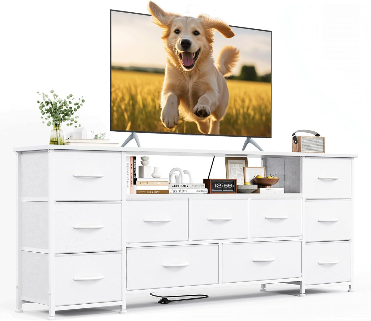 VERMESS 63" Tv Cabinet, Dresser for Bedroom with 11 Fabric Drawers, TV Stand with Power Socket for TVs up to 70", TV Units for Living Room, Bedroom