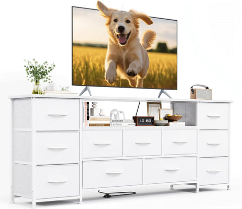 VERMESS 63" Tv Cabinet, Dresser for Bedroom with 11 Fabric Drawers, TV Stand with Power Socket for TVs up to 70", TV Units for Living Room, Bedroom
