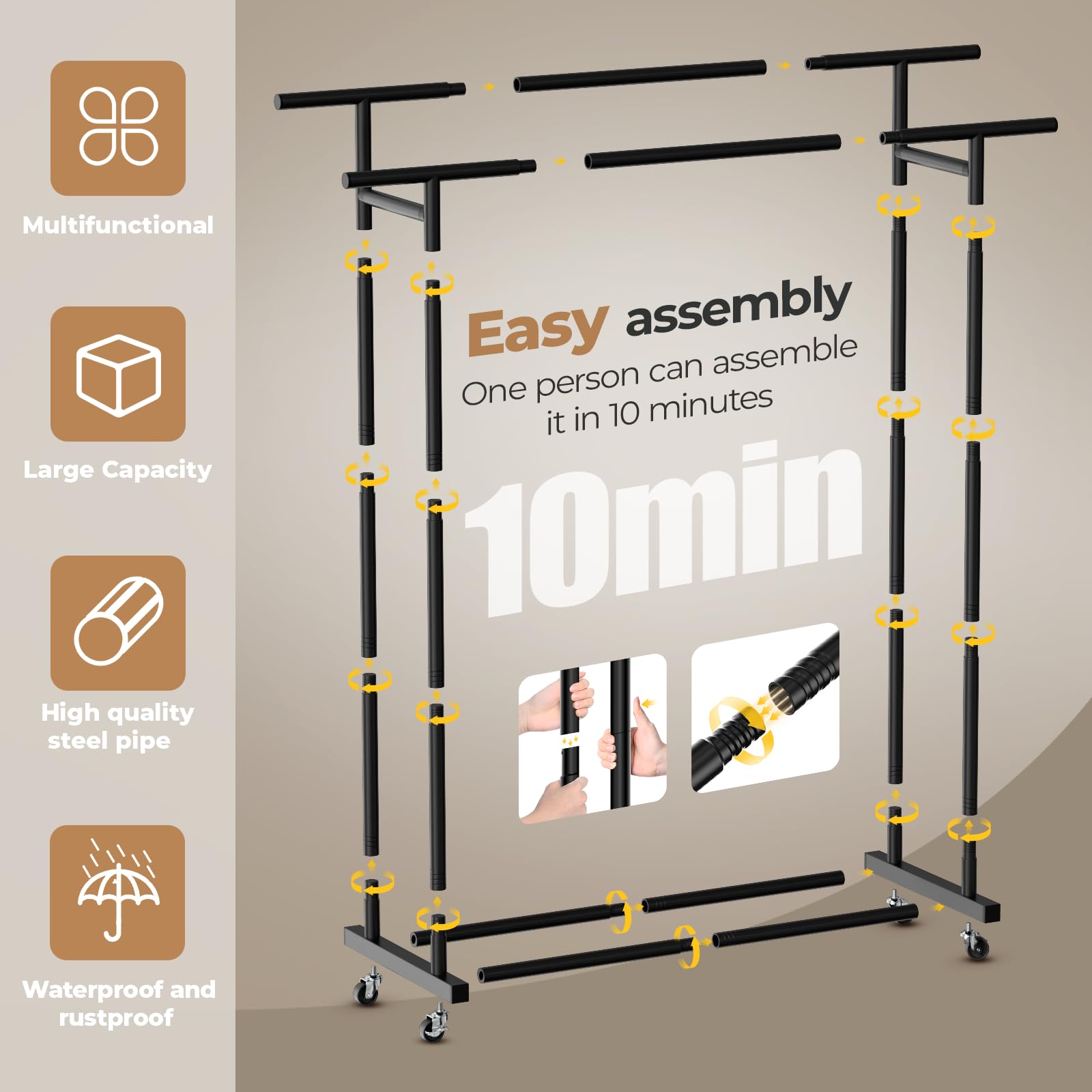 Abiglifty Double Clothes Rail Portable Rack D119xH161.5xW41cm 2 Wheels