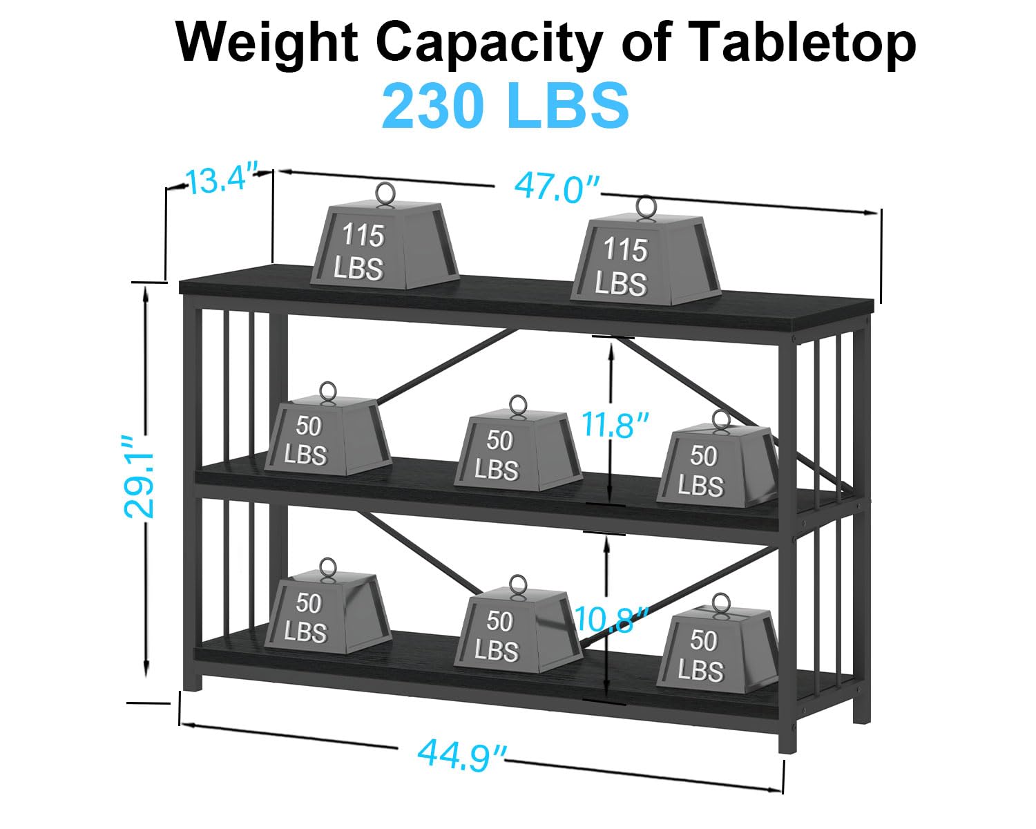 IBF Low Horizontal Book Shelf, Industrial Modern 3 Tier Bookshelf, Farmhouse Short Open Storage Organizer Long Shelf