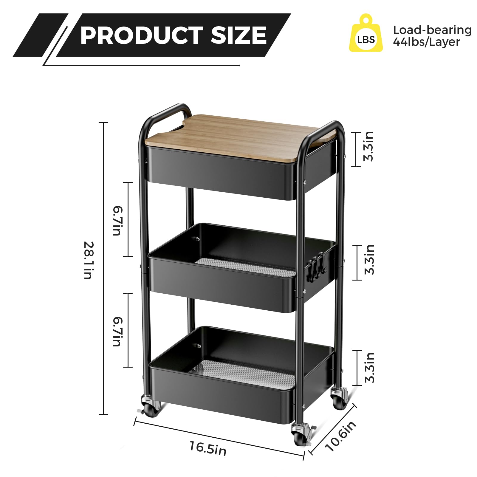 Shrivee 3-Tier Rolling Cart with Table Top, Serving Trolley, Metal Rolling Utility Trolley, Shelf on Wheels, Shelf, Organiser, Kitchen Shelf
