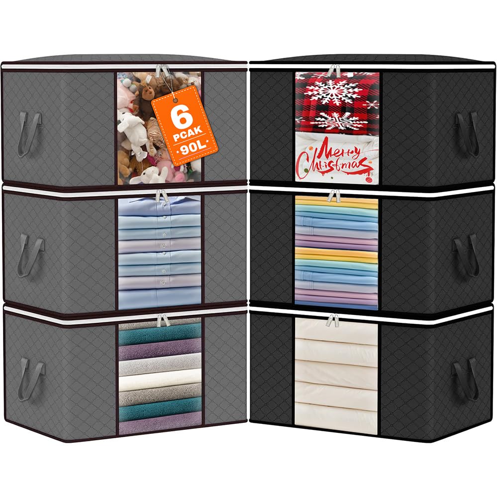 OFFSHIFTER Storage Bags - 90L - 6Pack (3 black and 3 grey), with Clear Window and Strong Zip, Reinforced Carry Handles, Collapsible when not in Use