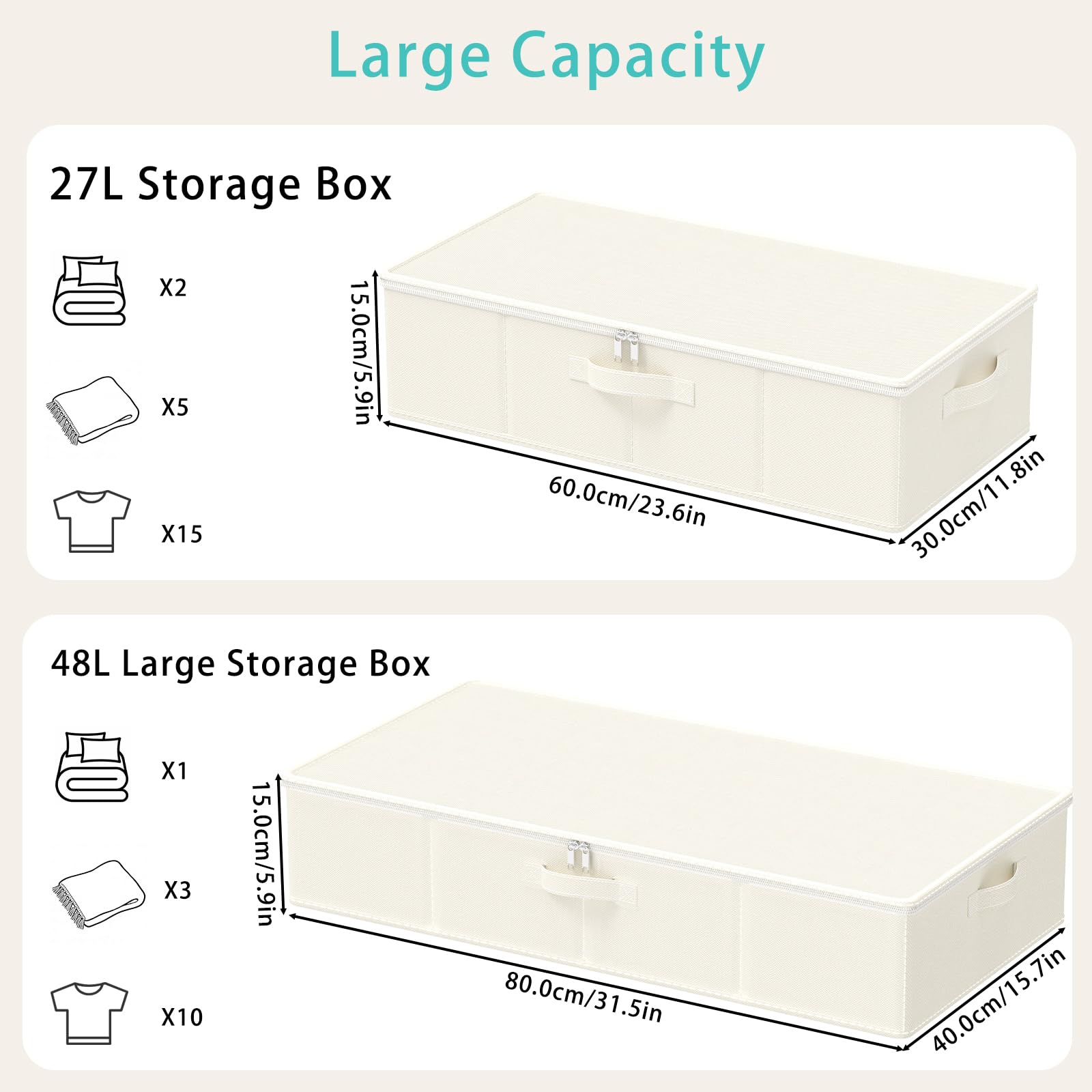 GUOHNHE Under Bed Storage Bins, for Closet, 2 Pack, Beige, 60x30x15 cm