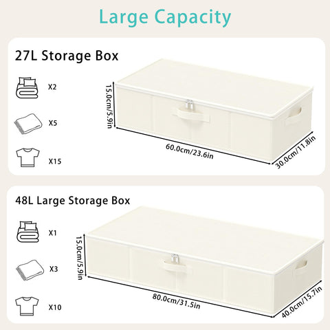GUOHNHE Under Bed Storage Bins, for Closet, 2 Pack, Beige, 60x30x15 cm