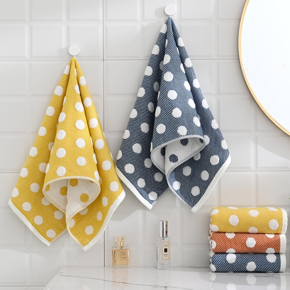 sense gnosis Yellow Jacquard Striped Polka Dot Hand Towels Set of 2 Super Soft 100% Cotton Absorbent White Terry Bath Hand Towels for Bathroom