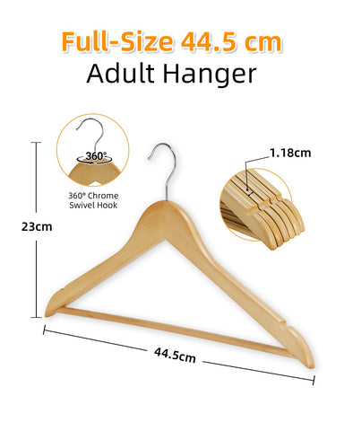 Hangerman Wooden Clothes Hangers - 20 Pack Solid Wood Coat Jacket Hangers with Non-Slip Trouser Bar and Notches, 360° Swivel Hook, Natural