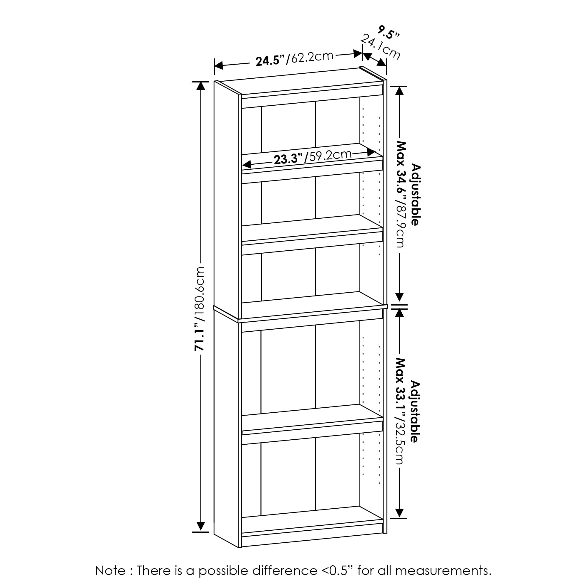 Furinno JAYA Book Shelf, 5-Tier Bookshelf, Bookcase, with Adjustable Shelves, 9.5 x 24.5 x 71.1, for Home Office, Living Room, Amber Oak