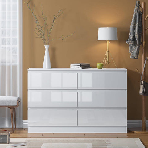 FWStyle Modern 6 Drawer Chest, 40 cm Length x 120 cm Width x 77 cm Height, White Gloss