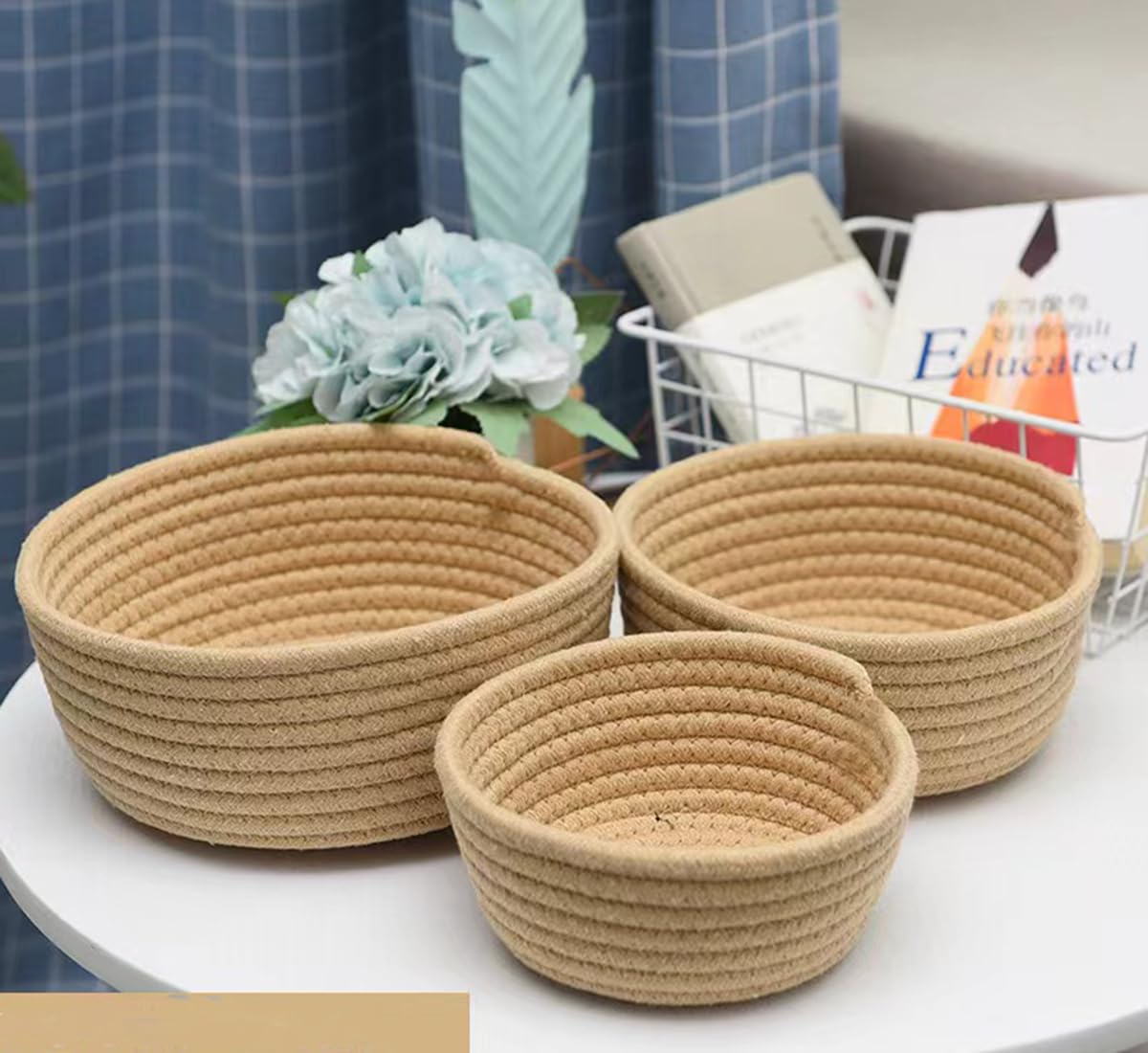 Lydlrum Storage Baskets, Brown Cotton Rope Woven Bathroom Storage Basket Set of 3, Round Small Basket Box Organizer Bins