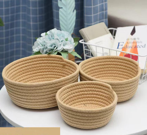 Lydlrum Storage Baskets, Brown Cotton Rope Woven Bathroom Storage Basket Set of 3, Round Small Basket Box Organizer Bins