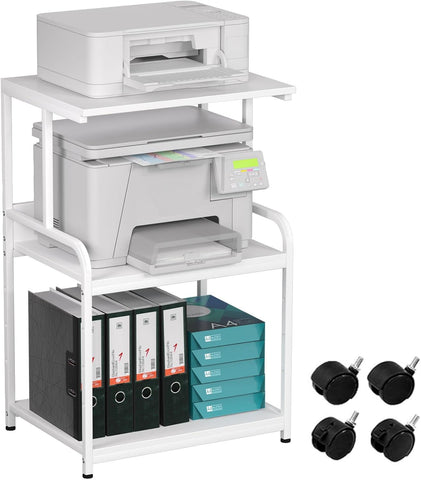 3-Tier Printer Stand, Large Printer Table on Wheels, Movable Printer Stand with Storage, Rolling Printer Cart for Fax Scanner Files Media Player