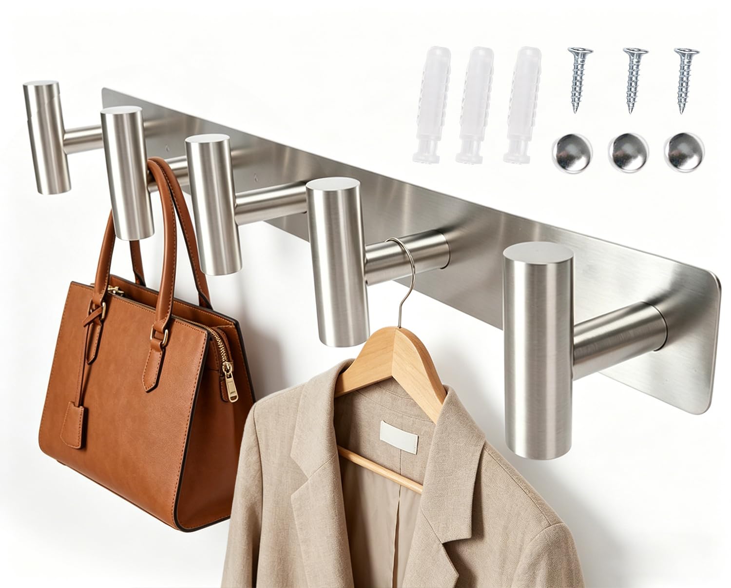 TOEKSIX Silver Steel Wall Coat Rack 15.6in, 5 Hooks for Bathroom Bedroom