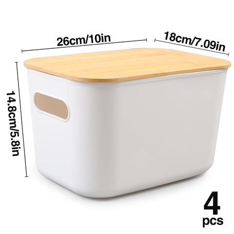 MaxEarn 4Pcs 7L Plastic Storage Boxes with Wood Lids & Handle, 26x18x15cm